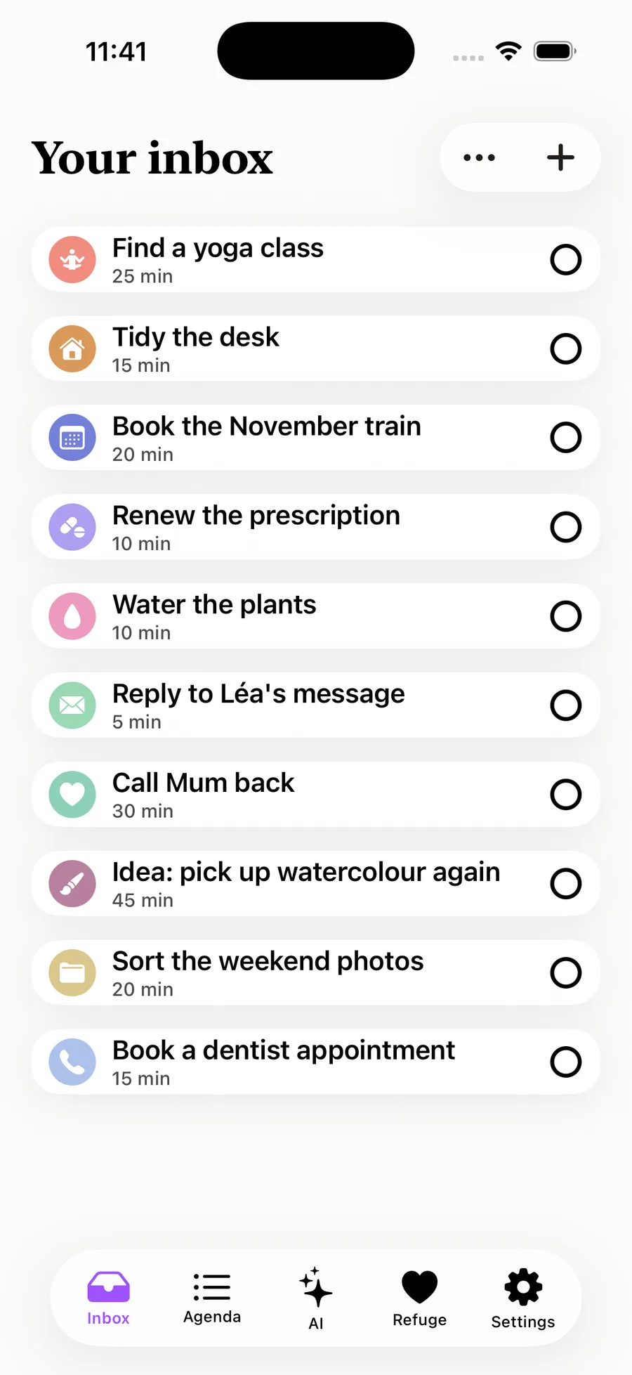 Your inbox screen: ten notes waiting, from &ldquo;Find a yoga class&rdquo; to &ldquo;Book a dentist appointment&rdquo;, each with its own icon and an estimated length.
